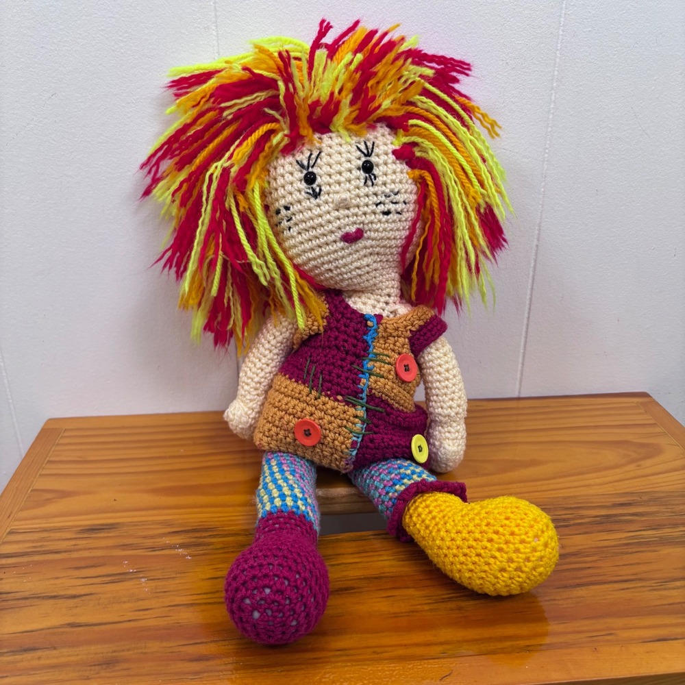 Handmade Crochet Rag Doll‎ Colorful Yarn Hair Unique Outfit Whimsical Decor